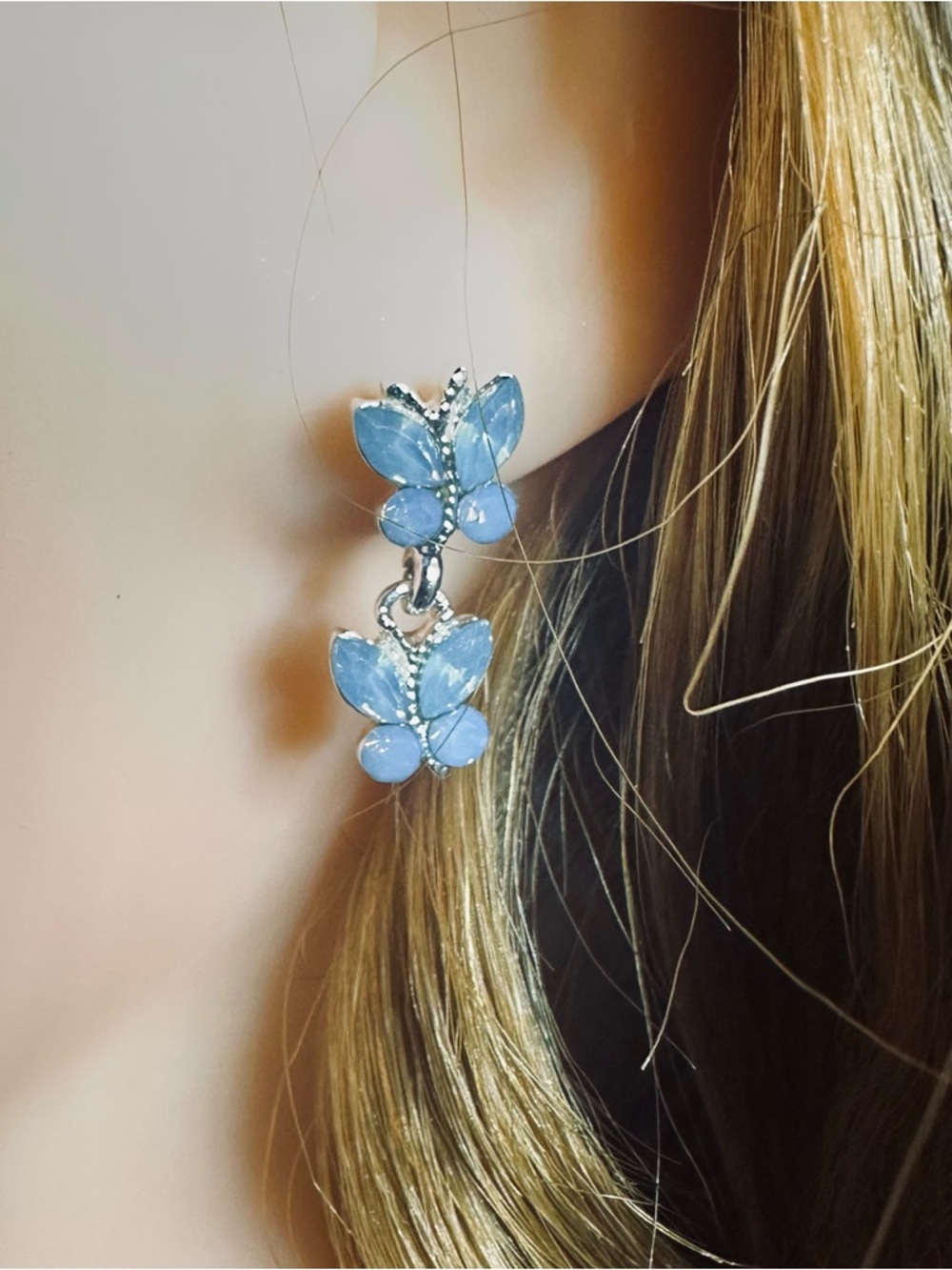 Blue Butterfly Dangle Earrings Silver Tone Double Butterfly Statement - Picture 2 of 11